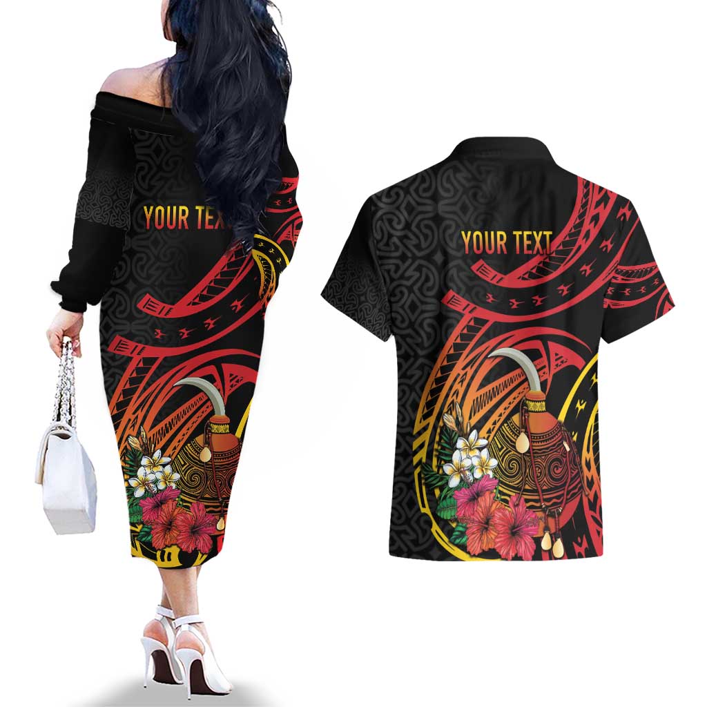 Personalized Milne Bay Couples Matching Off The Shoulder Long Sleeve Dress and Hawaiian Shirt PNG Lime Pot with Oro Tapa