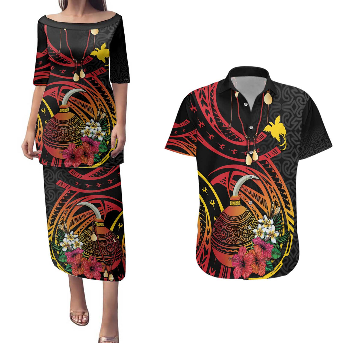 Personalized Milne Bay Couples Matching Puletasi and Hawaiian Shirt PNG Lime Pot with Oro Tapa LT7 Black - Polynesian Pride