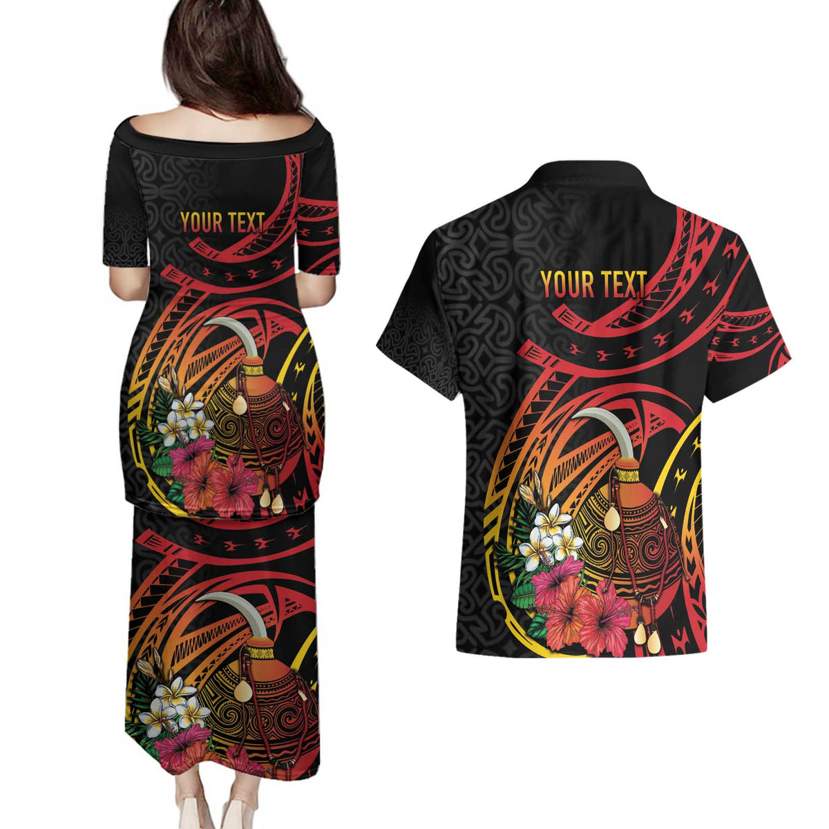 Personalized Milne Bay Couples Matching Puletasi and Hawaiian Shirt PNG Lime Pot with Oro Tapa LT7 - Polynesian Pride