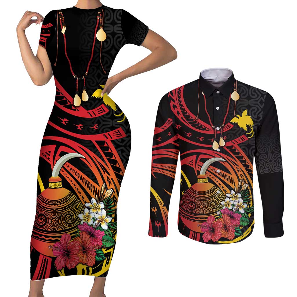 Personalized Milne Bay Couples Matching Short Sleeve Bodycon Dress and Long Sleeve Button Shirt PNG Lime Pot with Oro Tapa LT7 Black - Polynesian Pride