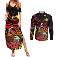 Personalized Milne Bay Couples Matching Summer Maxi Dress and Long Sleeve Button Shirt PNG Lime Pot with Oro Tapa LT7 Black - Polynesian Pride