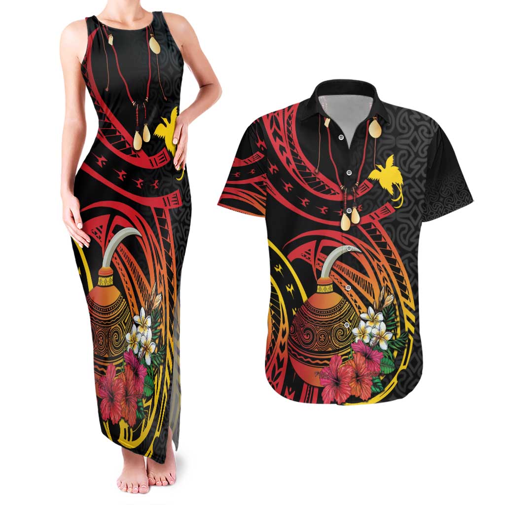 Personalized Milne Bay Couples Matching Tank Maxi Dress and Hawaiian Shirt PNG Lime Pot with Oro Tapa LT7 Black - Polynesian Pride