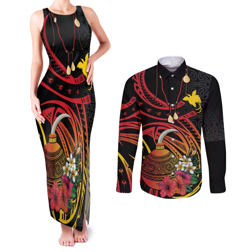 Personalized Milne Bay Couples Matching Tank Maxi Dress and Long Sleeve Button Shirt PNG Lime Pot with Oro Tapa LT7 Black - Polynesian Pride
