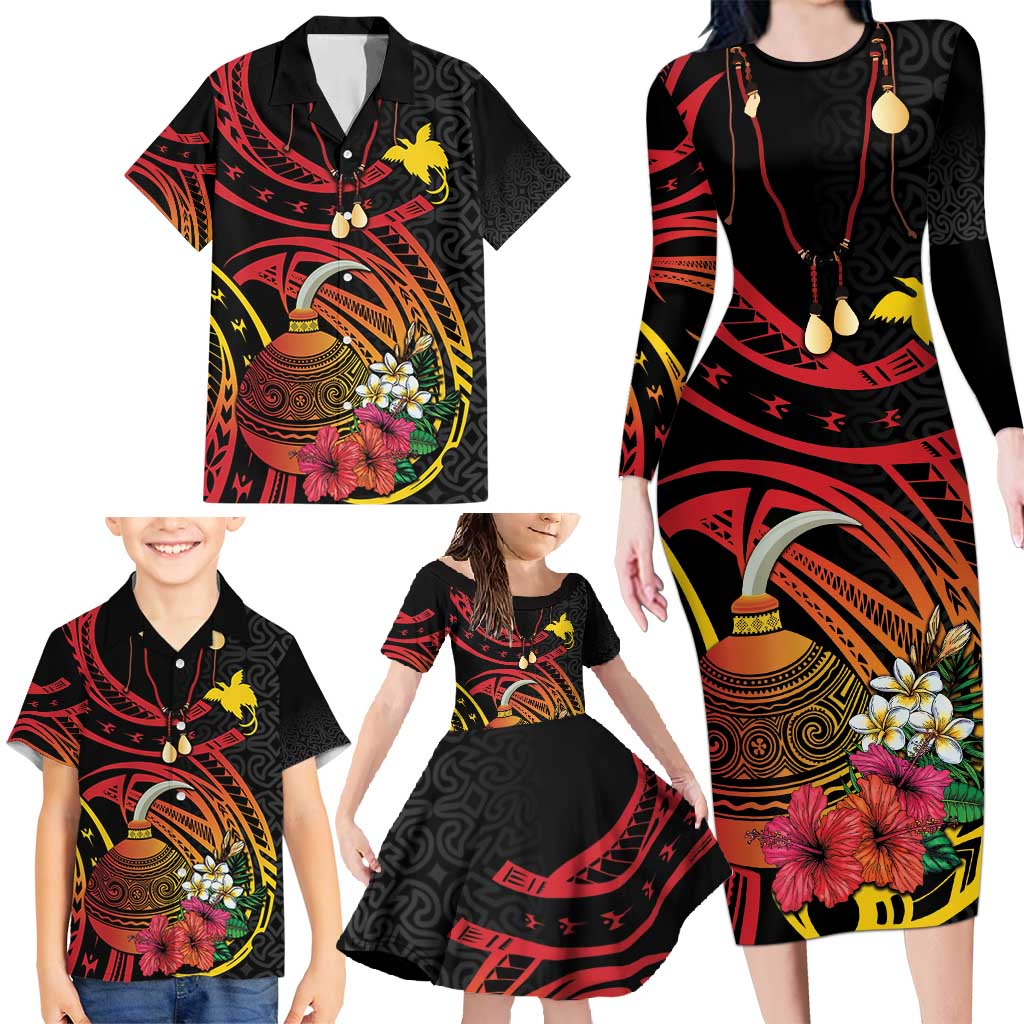 Personalized Milne Bay Family Matching Long Sleeve Bodycon Dress and Hawaiian Shirt PNG Lime Pot with Oro Tapa LT7 - Polynesian Pride