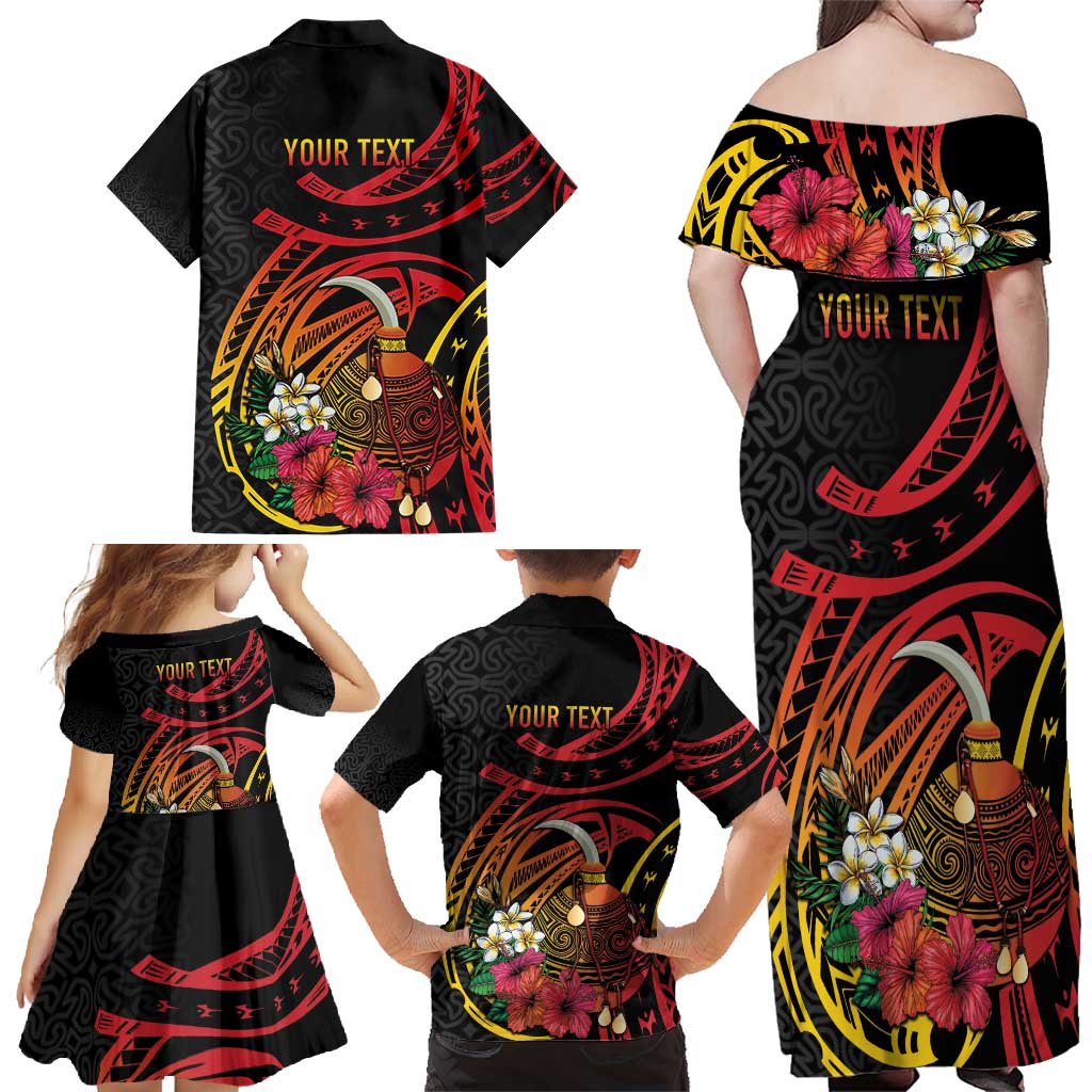 Personalized Milne Bay Family Matching Off Shoulder Maxi Dress and Hawaiian Shirt PNG Lime Pot with Oro Tapa