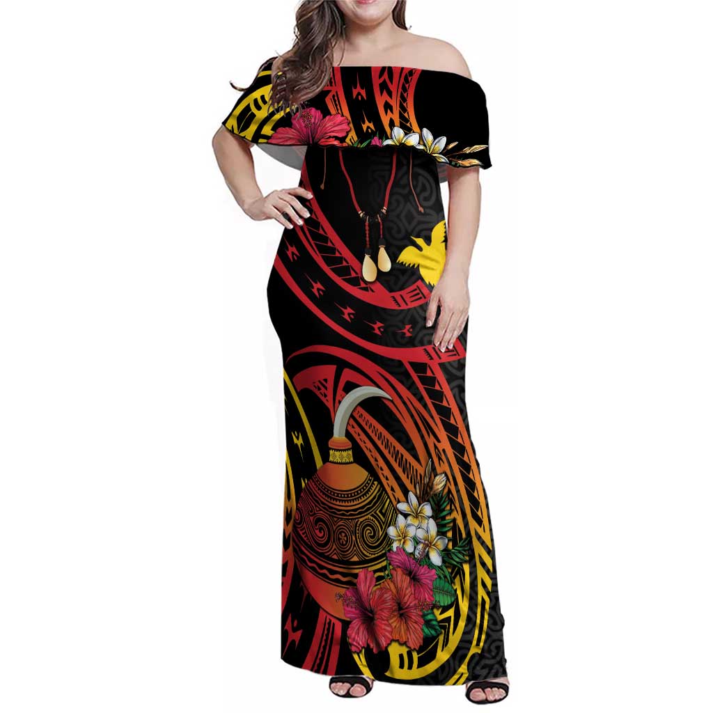Personalized Milne Bay Family Matching Off Shoulder Maxi Dress and Hawaiian Shirt PNG Lime Pot with Oro Tapa