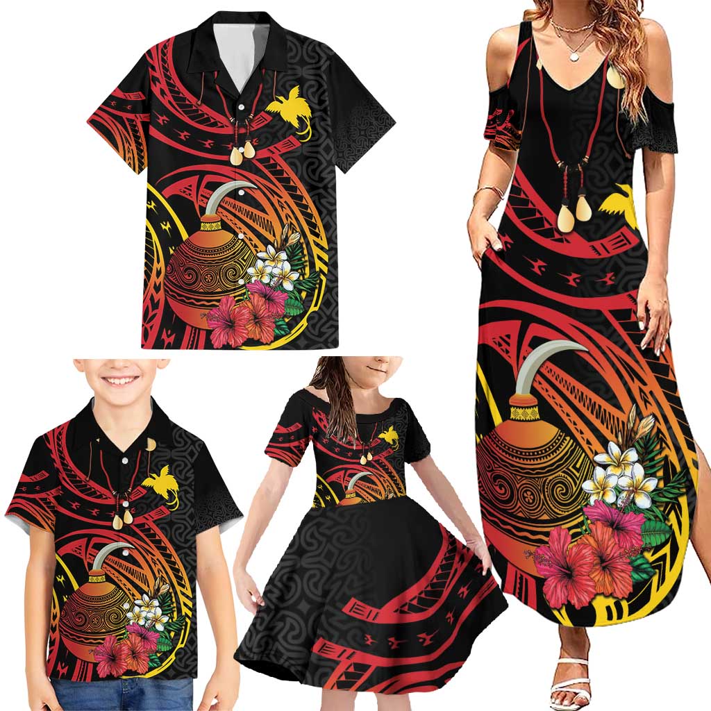 Personalized Milne Bay Family Matching Summer Maxi Dress and Hawaiian Shirt PNG Lime Pot with Oro Tapa