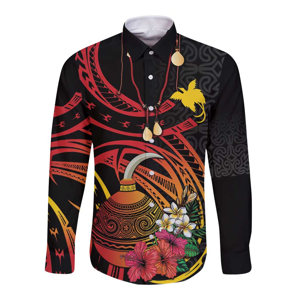 Personalized Milne Bay Long Sleeve Button Shirt PNG Lime Pot with Oro Tapa LT7 Unisex Black - Polynesian Pride