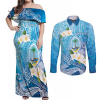 Hafa Adai Guam Chamorro Personalized Couples Matching Off Shoulder Maxi Dress and Long Sleeve Button Shirt Ocean Blue Latte Stone with Guasali - Polynesian Pride