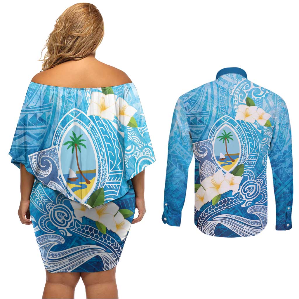 Hafa Adai Guam Chamorro Personalized Couples Matching Off Shoulder Short Dress and Long Sleeve Button Shirt Ocean Blue Latte Stone with Guasali - Polynesian Pride