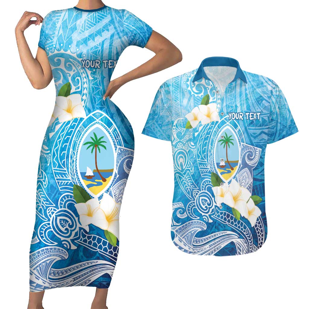 Hafa Adai Guam Chamorro Personalized Couples Matching Short Sleeve Bodycon Dress and Hawaiian Shirt Ocean Blue Latte Stone with Guasali - Polynesian Pride