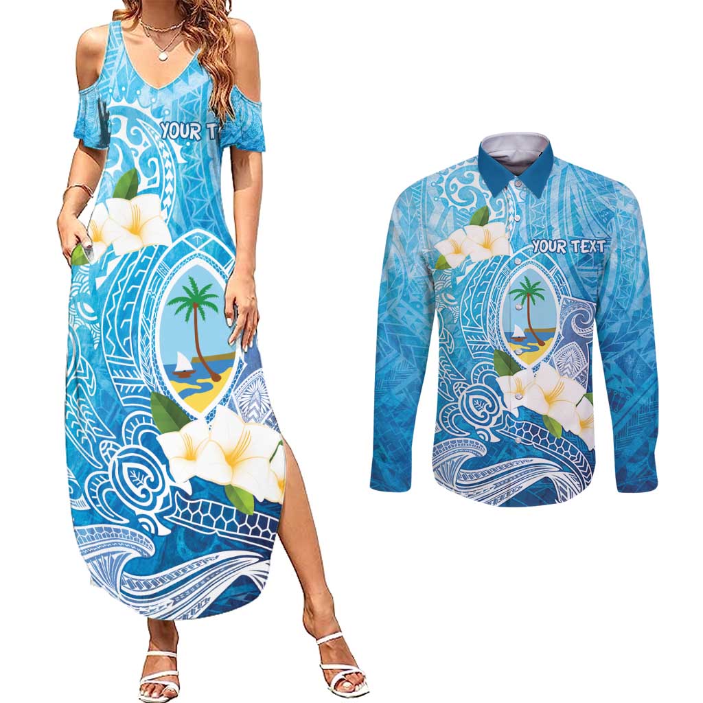 Hafa Adai Guam Chamorro Personalized Couples Matching Summer Maxi Dress and Long Sleeve Button Shirt Ocean Blue Latte Stone with Guasali - Polynesian Pride