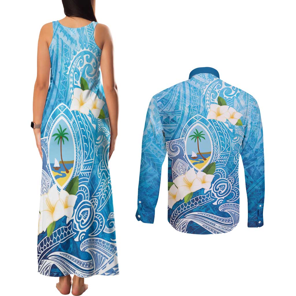 Hafa Adai Guam Chamorro Personalized Couples Matching Tank Maxi Dress and Long Sleeve Button Shirt Ocean Blue Latte Stone with Guasali - Polynesian Pride