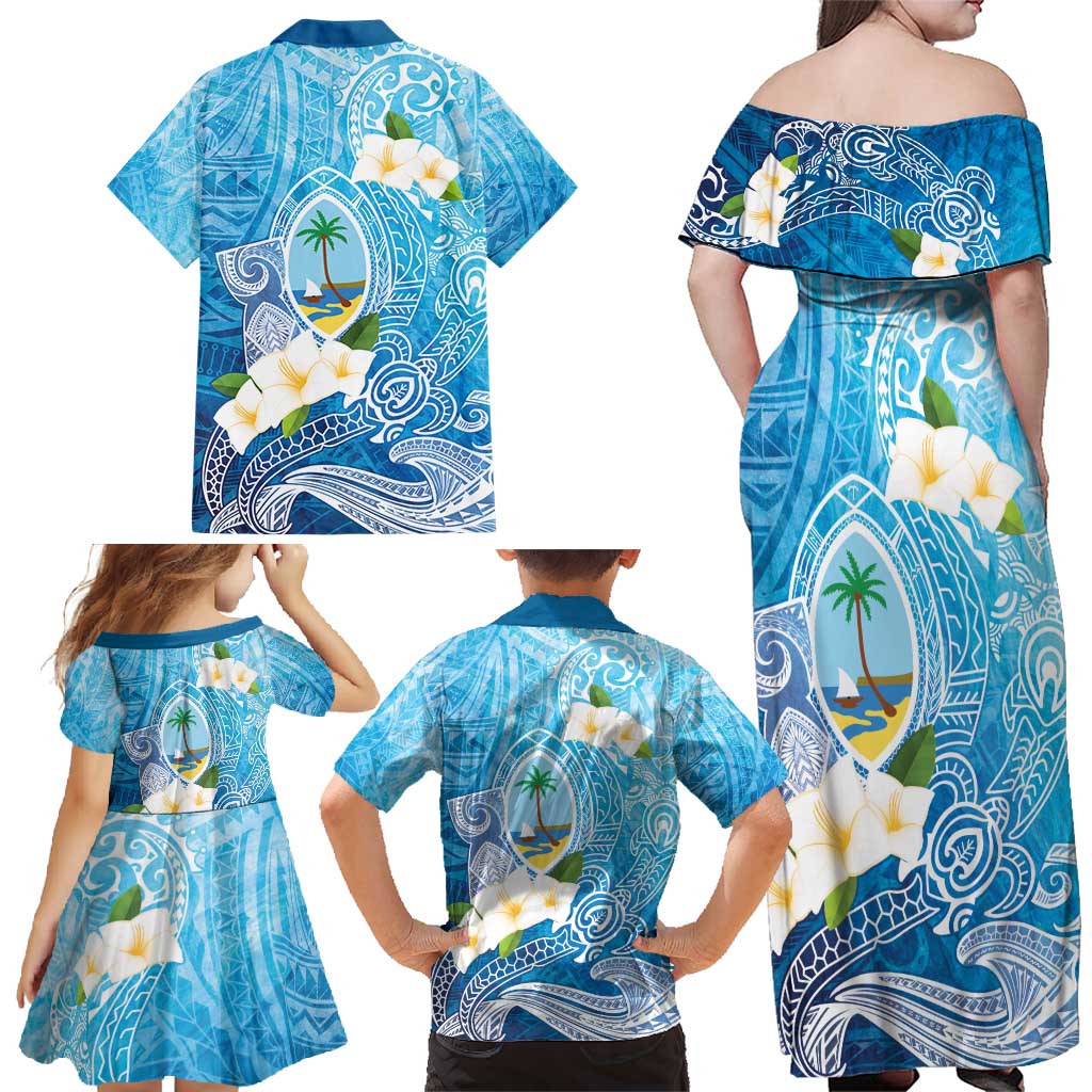 Hafa Adai Guam Chamorro Personalized Family Matching Off Shoulder Maxi Dress and Hawaiian Shirt Ocean Blue Latte Stone with Guasali - Polynesian Pride