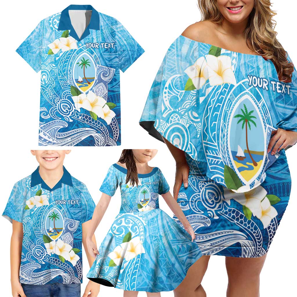 Hafa Adai Guam Chamorro Personalized Family Matching Off Shoulder Short Dress and Hawaiian Shirt Ocean Blue Latte Stone with Guasali - Polynesian Pride