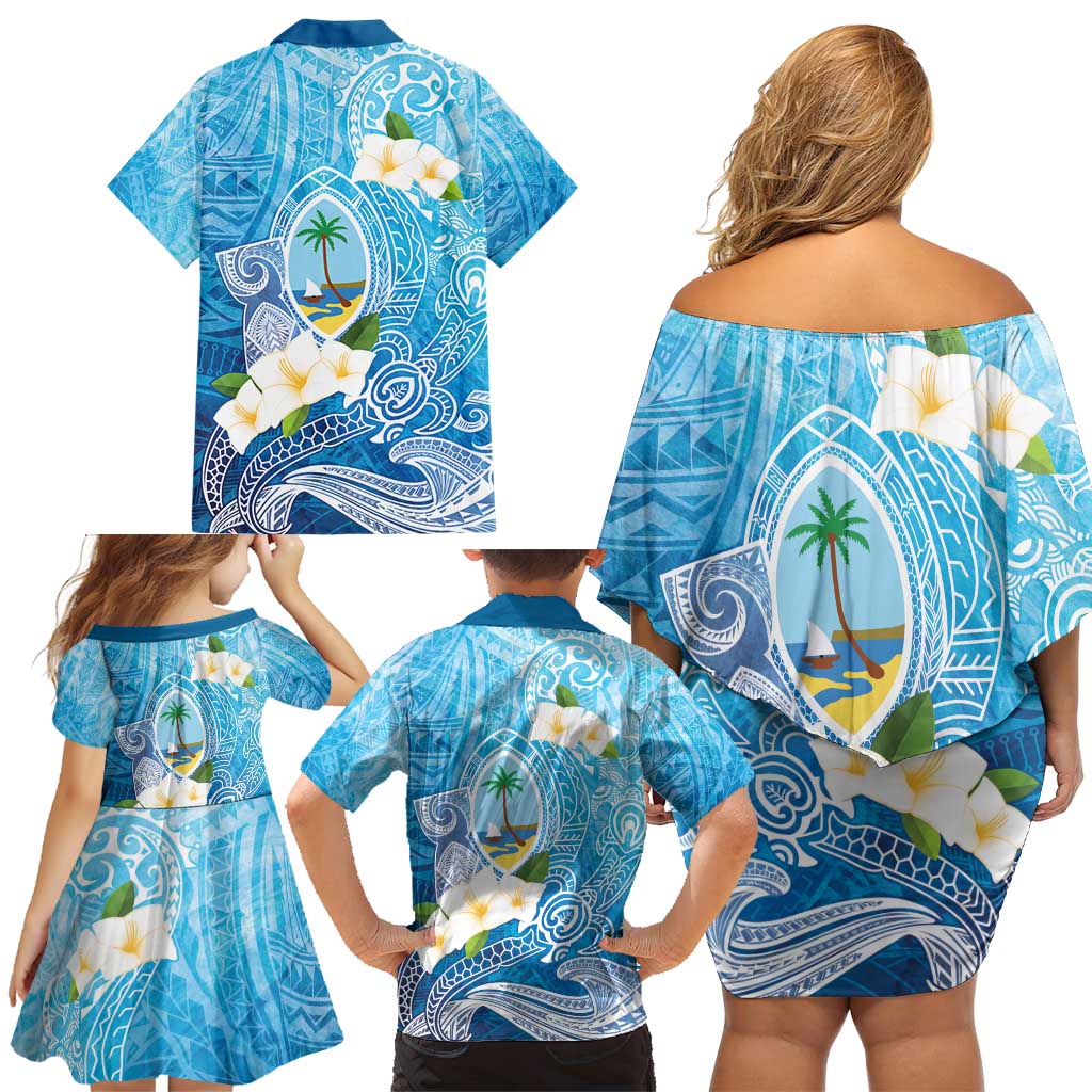 Hafa Adai Guam Chamorro Personalized Family Matching Off Shoulder Short Dress and Hawaiian Shirt Ocean Blue Latte Stone with Guasali - Polynesian Pride