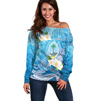 Hafa Adai Guam Chamorro Personalized Off Shoulder Sweater Ocean Blue Latte Stone with Guasali - Polynesian Pride