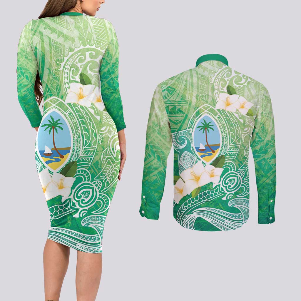 Hafa Adai Guam Chamorro Personalized Couples Matching Long Sleeve Bodycon Dress and Long Sleeve Button Shirt Summer Green Latte Stone with Guasali - Polynesian Pride