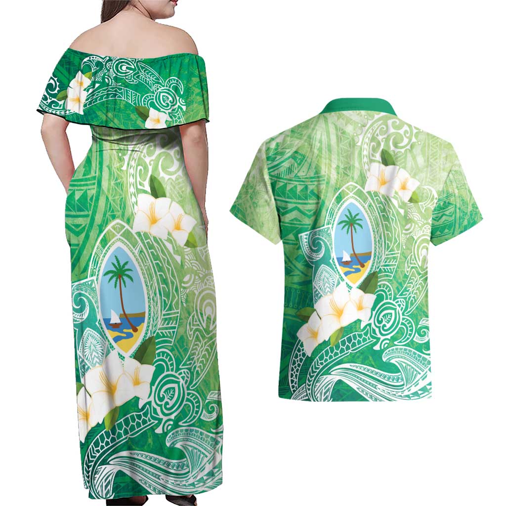 Hafa Adai Guam Chamorro Personalized Couples Matching Off Shoulder Maxi Dress and Hawaiian Shirt Summer Green Latte Stone with Guasali - Polynesian Pride