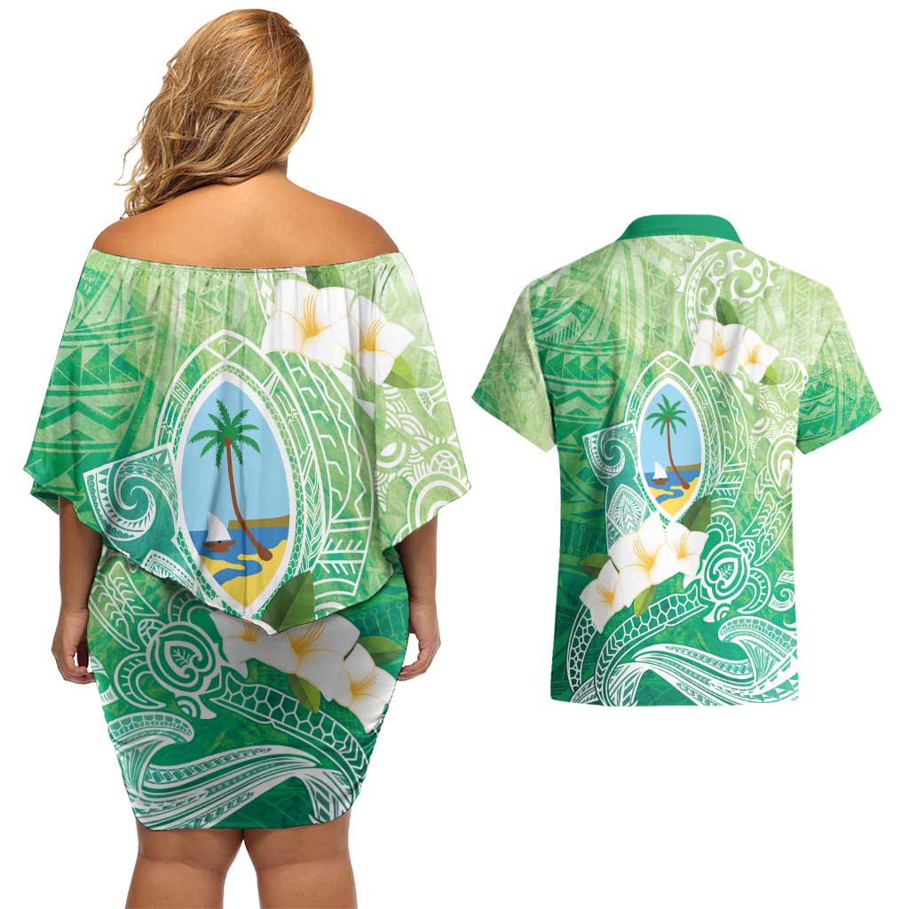 Hafa Adai Guam Chamorro Personalized Couples Matching Off Shoulder Short Dress and Hawaiian Shirt Summer Green Latte Stone with Guasali - Polynesian Pride