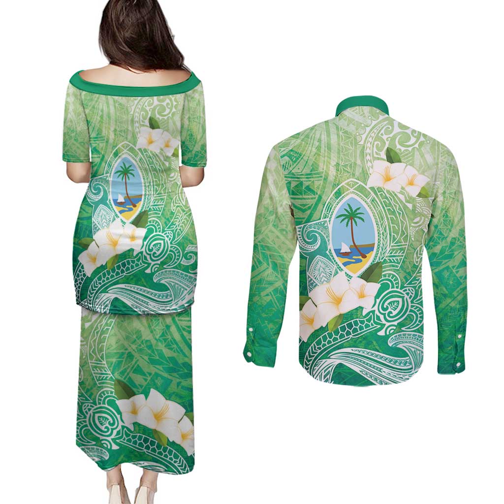 Hafa Adai Guam Chamorro Personalized Couples Matching Puletasi and Long Sleeve Button Shirt Summer Green Latte Stone with Guasali - Polynesian Pride