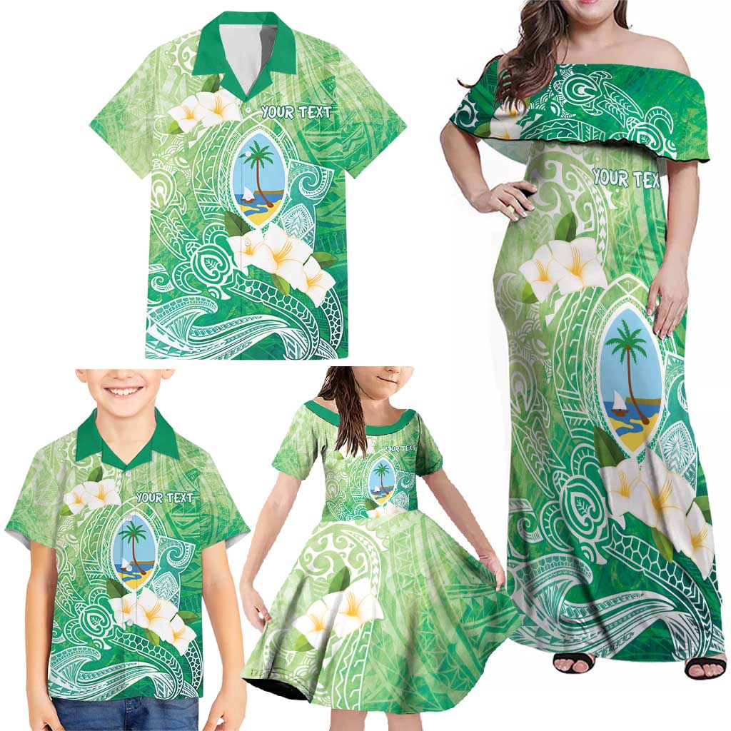 Hafa Adai Guam Chamorro Personalized Family Matching Off Shoulder Maxi Dress and Hawaiian Shirt Summer Green Latte Stone with Guasali - Polynesian Pride