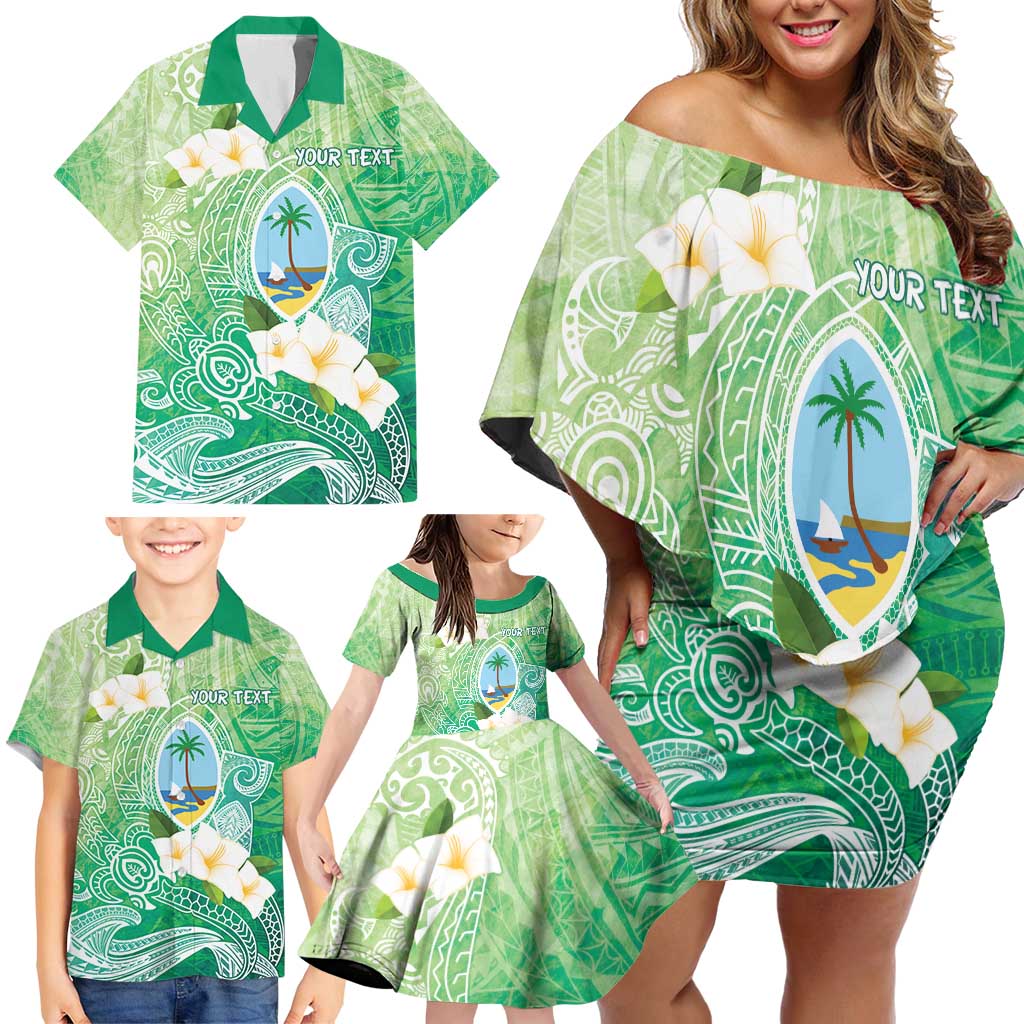 Hafa Adai Guam Chamorro Personalized Family Matching Off Shoulder Short Dress and Hawaiian Shirt Summer Green Latte Stone with Guasali - Polynesian Pride
