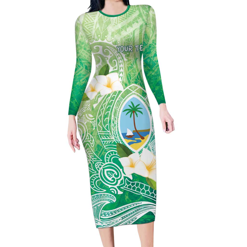 Hafa Adai Guam Chamorro Personalized Long Sleeve Bodycon Dress Summer Green Latte Stone with Guasali - Polynesian Pride
