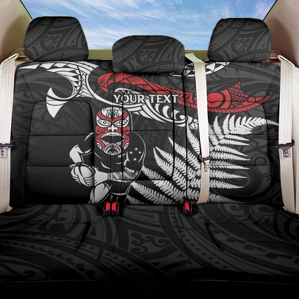 New Zealand Maori Rugby Personalised Back Car Seat Cover Ta Moko Silver Fern