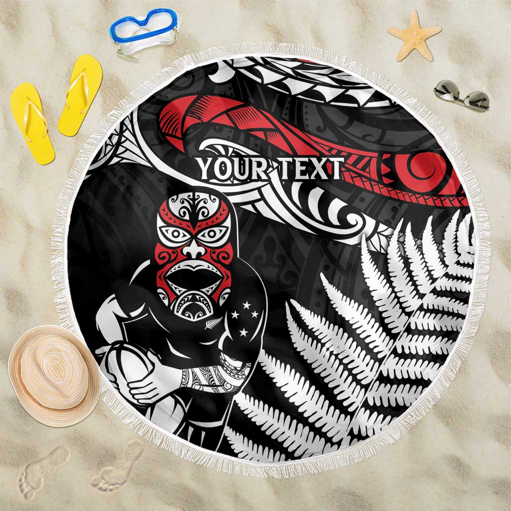 New Zealand Maori Rugby Personalised Beach Blanket Ta Moko Silver Fern