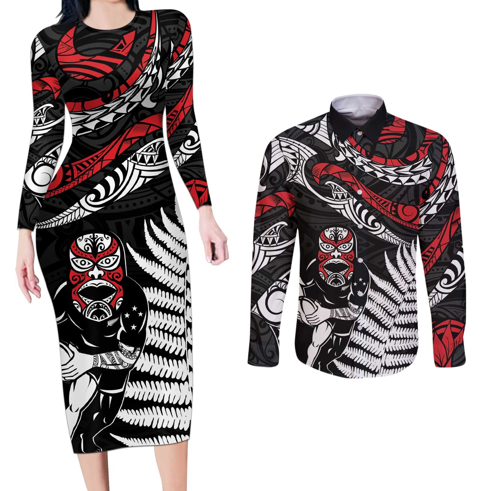 New Zealand Maori Rugby Personalised Couples Matching Long Sleeve Bodycon Dress and Long Sleeve Button Shirt Ta Moko Silver Fern