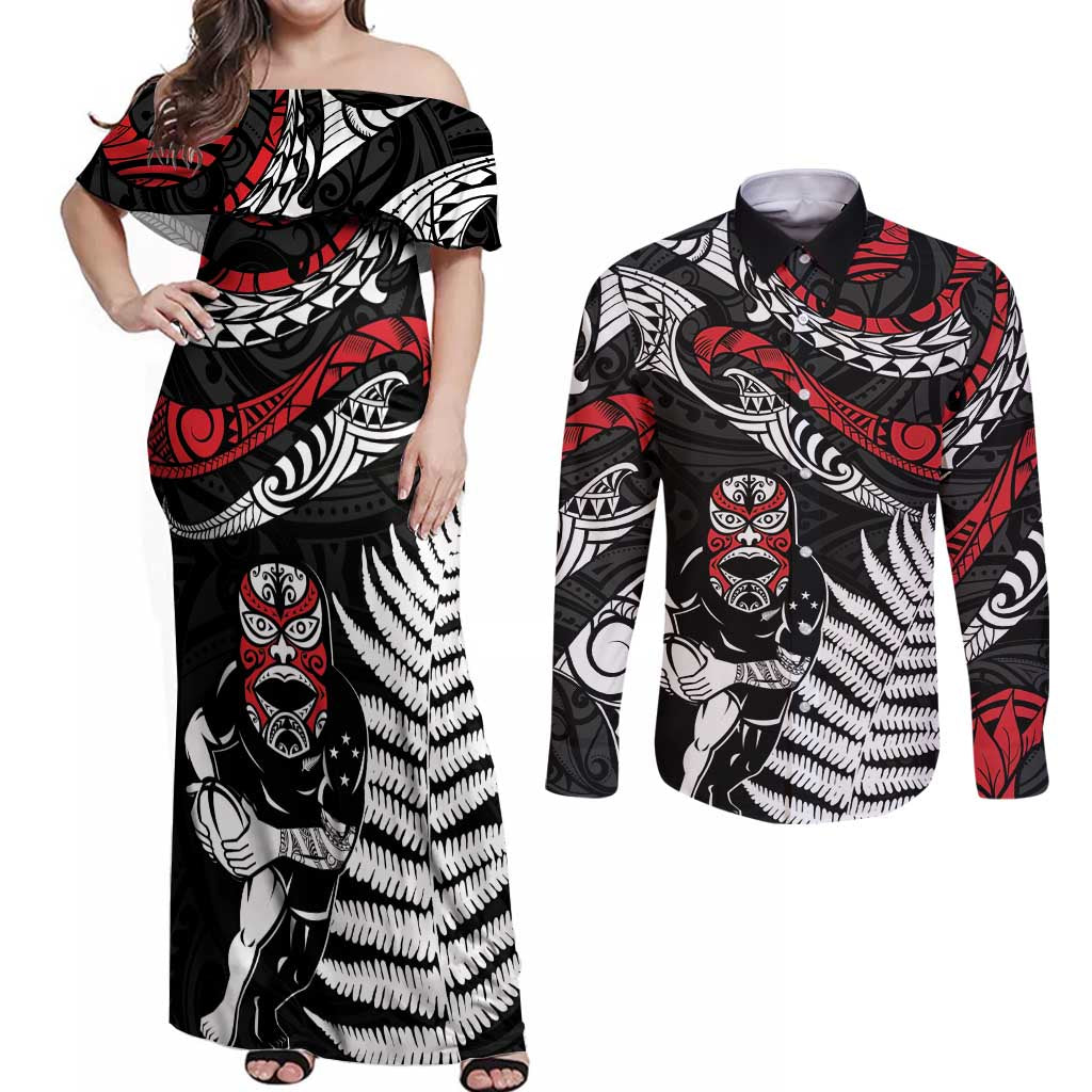 New Zealand Maori Rugby Personalised Couples Matching Off Shoulder Maxi Dress and Long Sleeve Button Shirt Ta Moko Silver Fern