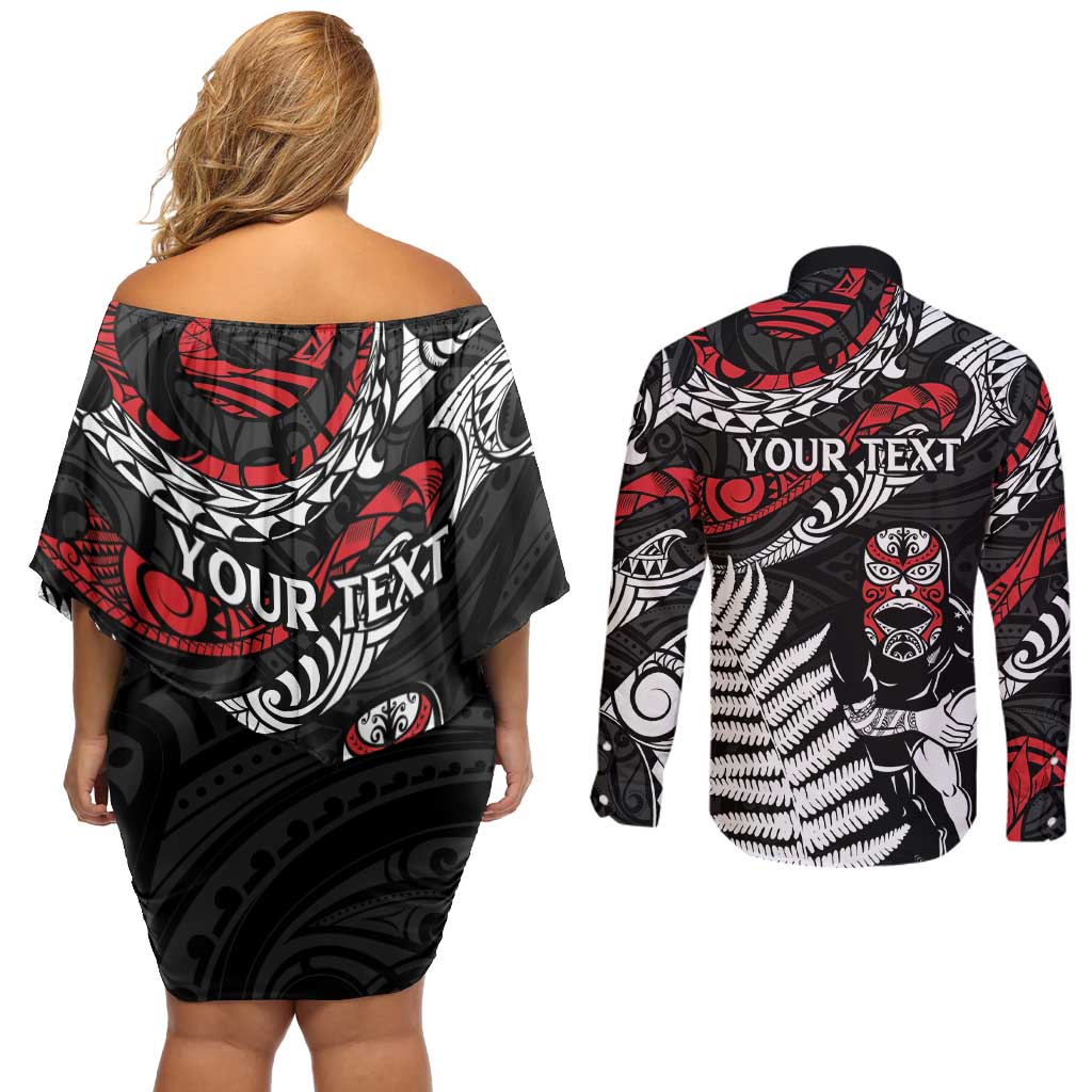New Zealand Maori Rugby Personalised Couples Matching Off Shoulder Short Dress and Long Sleeve Button Shirt Ta Moko Silver Fern