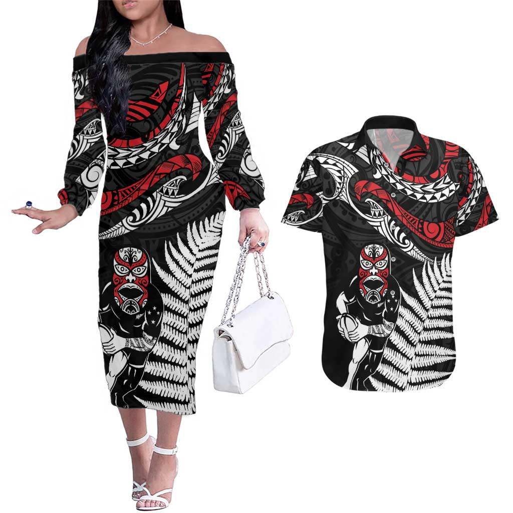 New Zealand Maori Rugby Personalised Couples Matching Off The Shoulder Long Sleeve Dress and Hawaiian Shirt Ta Moko Silver Fern