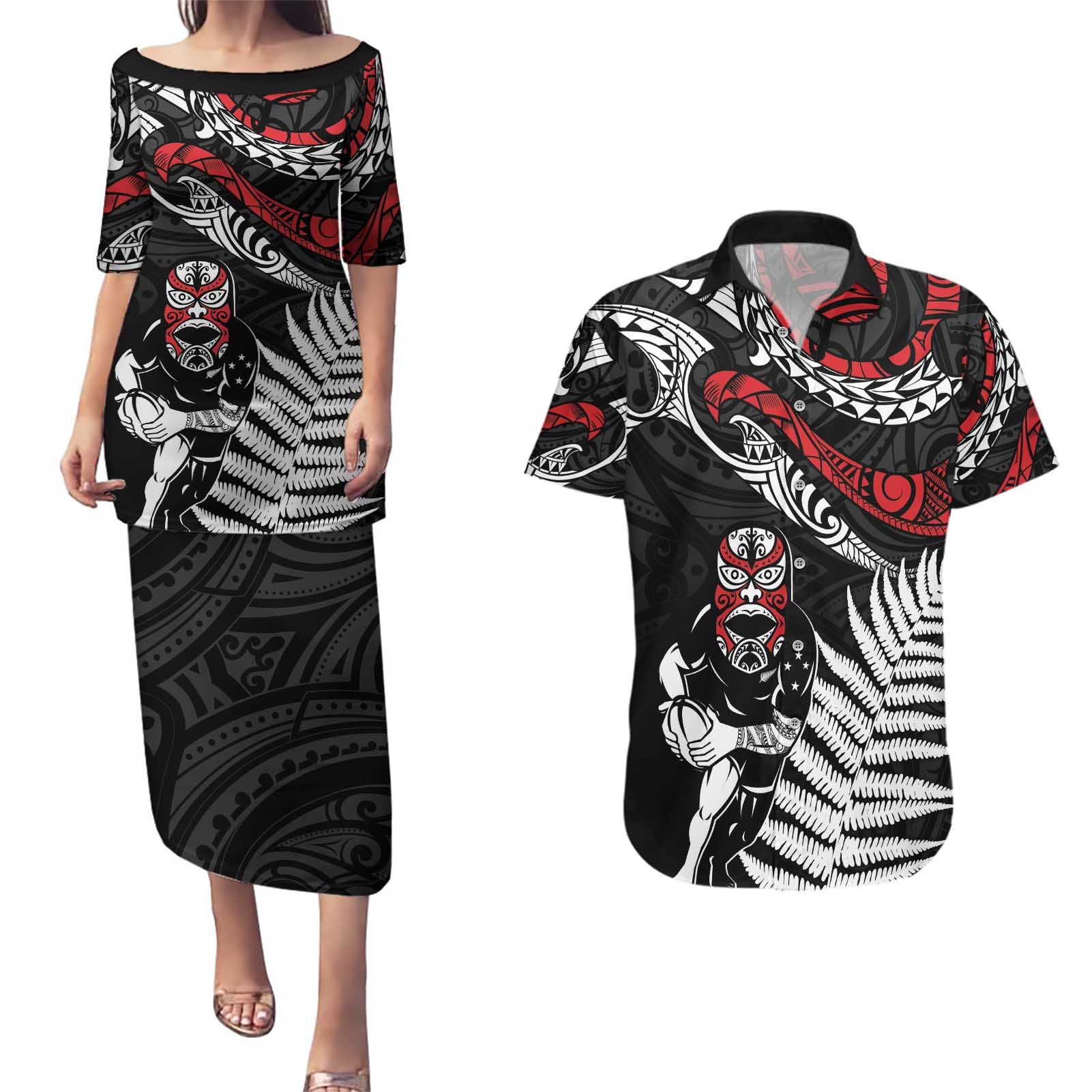 New Zealand Maori Rugby Personalised Couples Matching Puletasi and Hawaiian Shirt Ta Moko Silver Fern