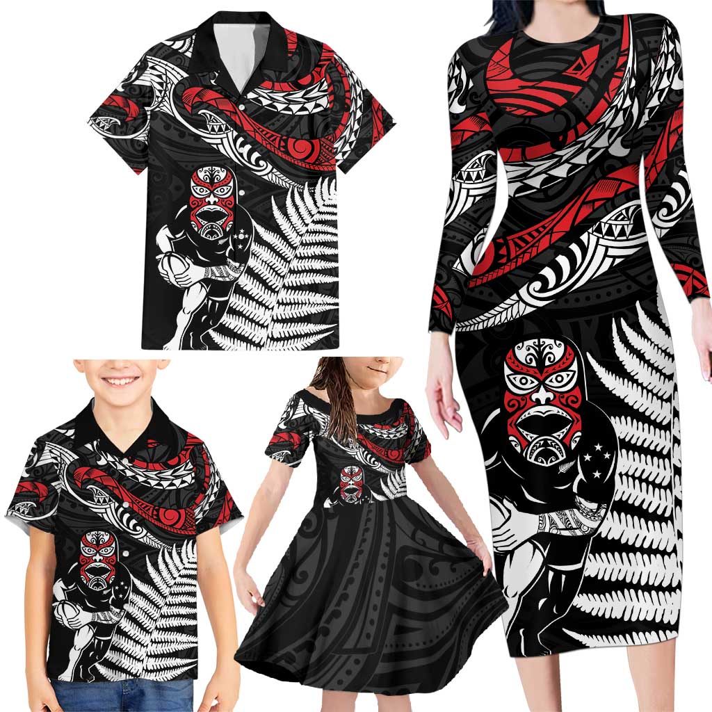 New Zealand Maori Rugby Personalised Family Matching Long Sleeve Bodycon Dress and Hawaiian Shirt Ta Moko Silver Fern