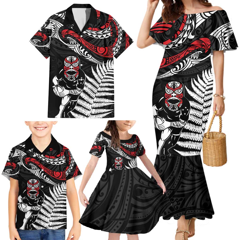 New Zealand Maori Rugby Personalised Family Matching Mermaid Dress and Hawaiian Shirt Ta Moko Silver Fern