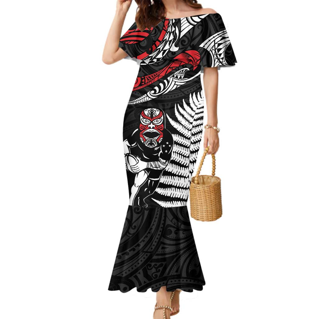 New Zealand Maori Rugby Personalised Family Matching Mermaid Dress and Hawaiian Shirt Ta Moko Silver Fern