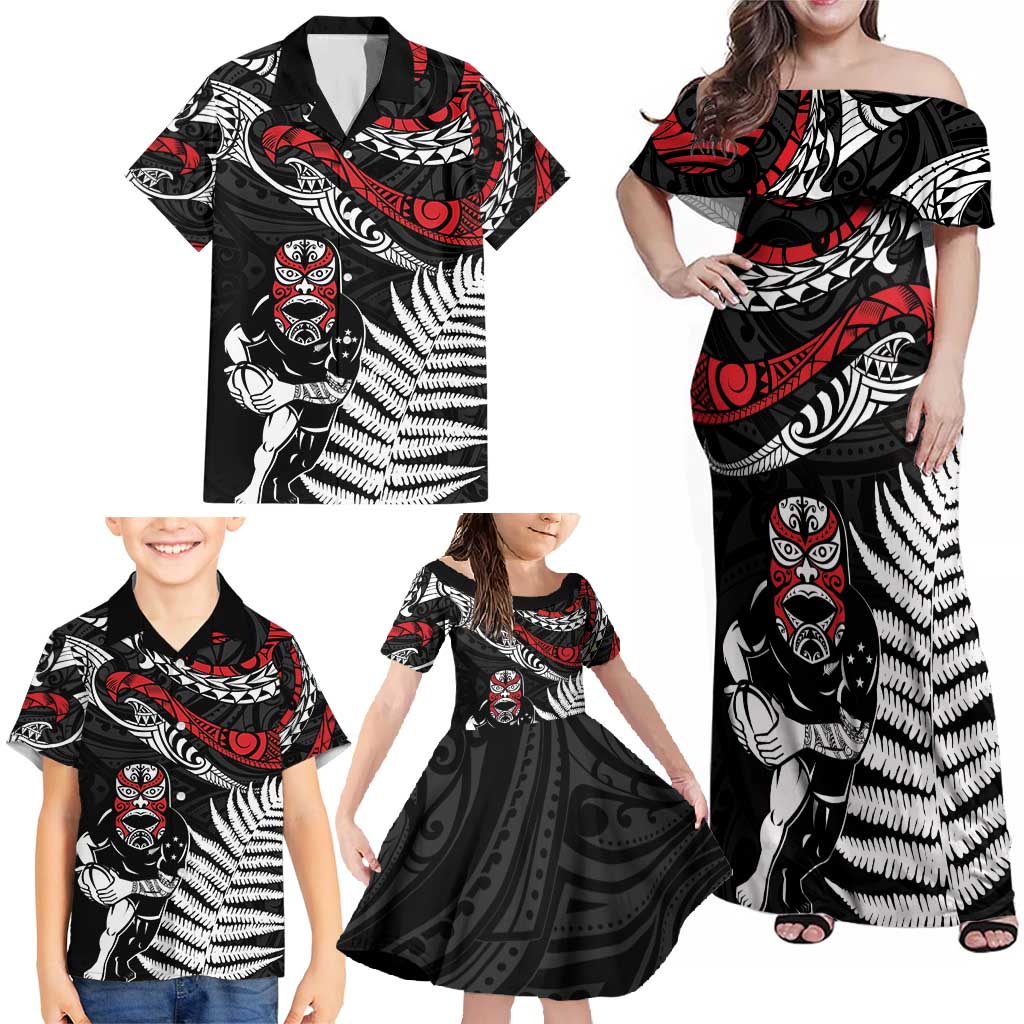 New Zealand Maori Rugby Personalised Family Matching Off Shoulder Maxi Dress and Hawaiian Shirt Ta Moko Silver Fern