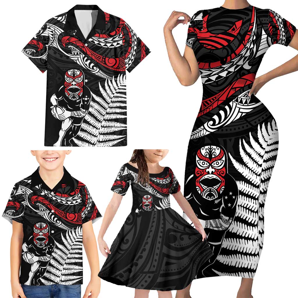 New Zealand Maori Rugby Personalised Family Matching Short Sleeve Bodycon Dress and Hawaiian Shirt Ta Moko Silver Fern