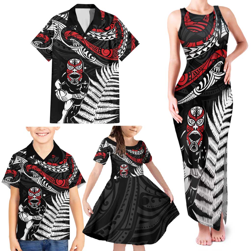 New Zealand Maori Rugby Personalised Family Matching Tank Maxi Dress and Hawaiian Shirt Ta Moko Silver Fern