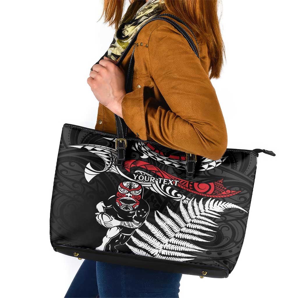 New Zealand Maori Rugby Personalised Leather Tote Bag Ta Moko Silver Fern