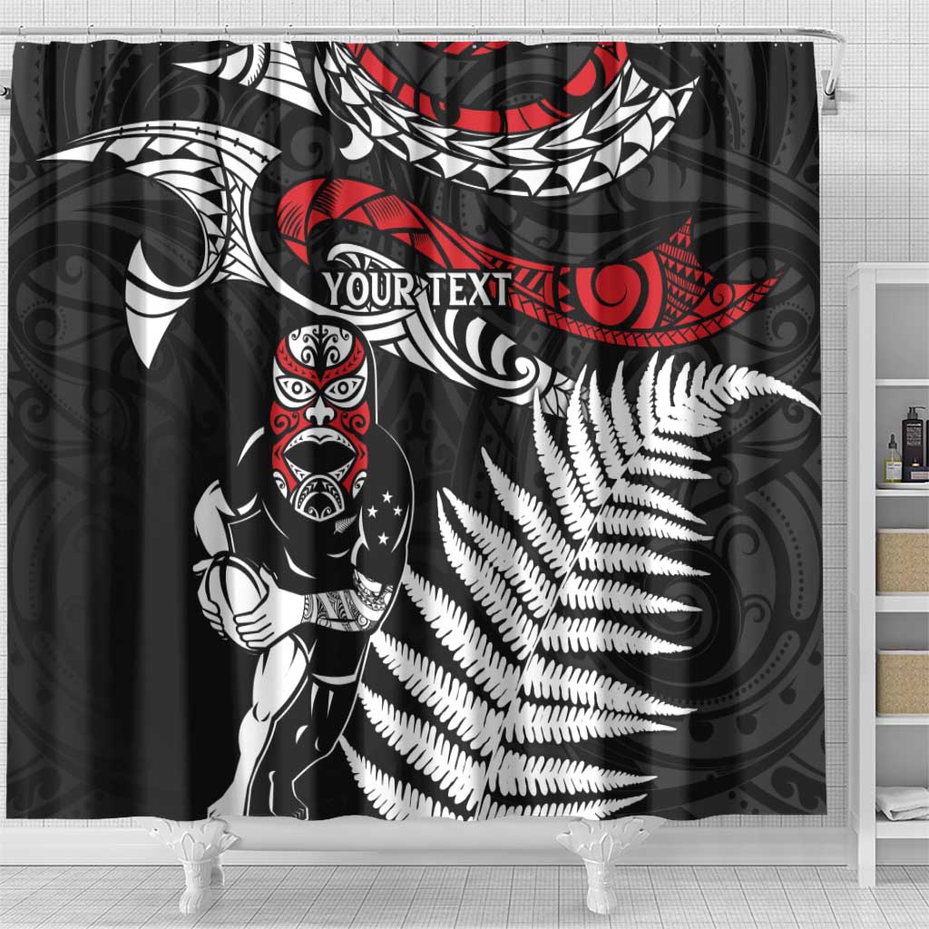 New Zealand Maori Rugby Personalised Shower Curtain Ta Moko Silver Fern