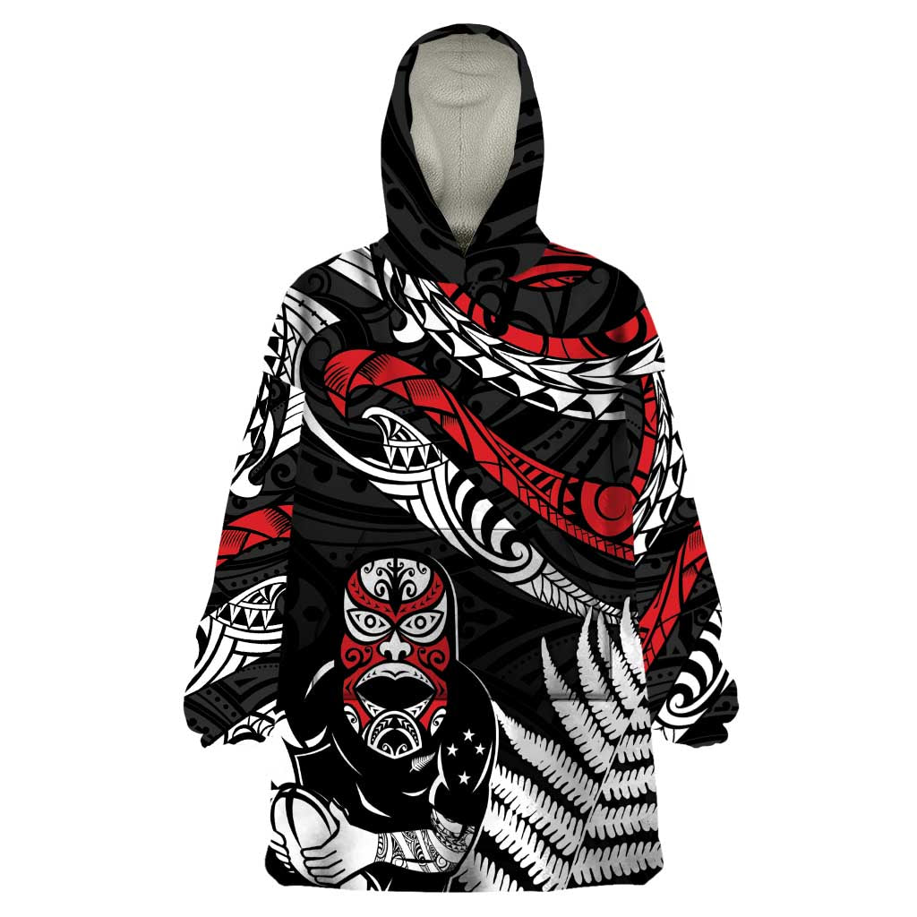 New Zealand Maori Rugby Personalised Wearable Blanket Hoodie Ta Moko Silver Fern