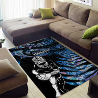 New Zealand Maori Rugby Personalised Area Rug Ta Moko Silver Fern - Paua Blue