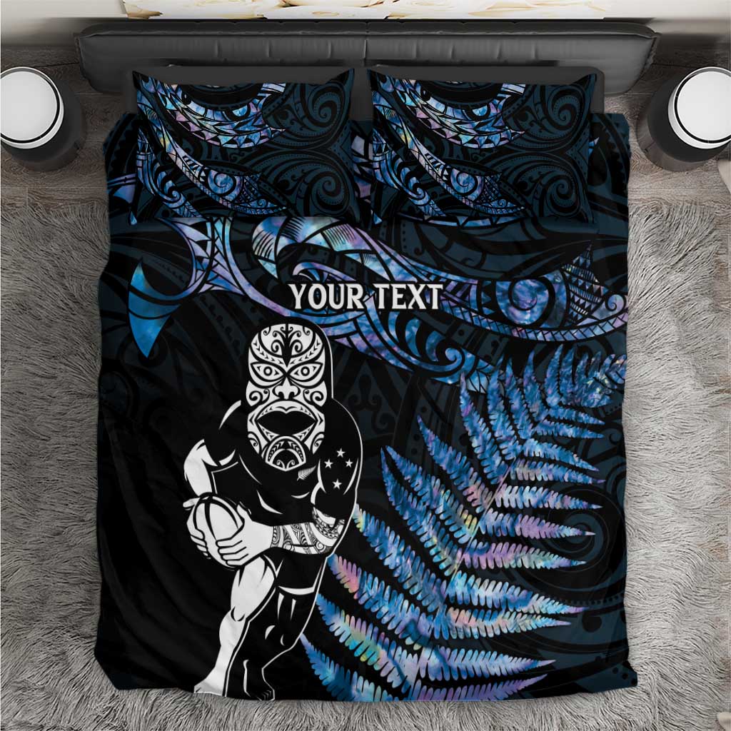 New Zealand Maori Rugby Personalised Bedding Set Ta Moko Silver Fern - Paua Blue