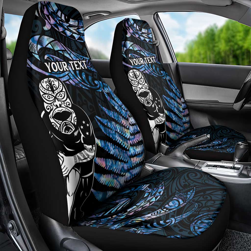 New Zealand Maori Rugby Personalised Car Seat Cover Ta Moko Silver Fern - Paua Blue