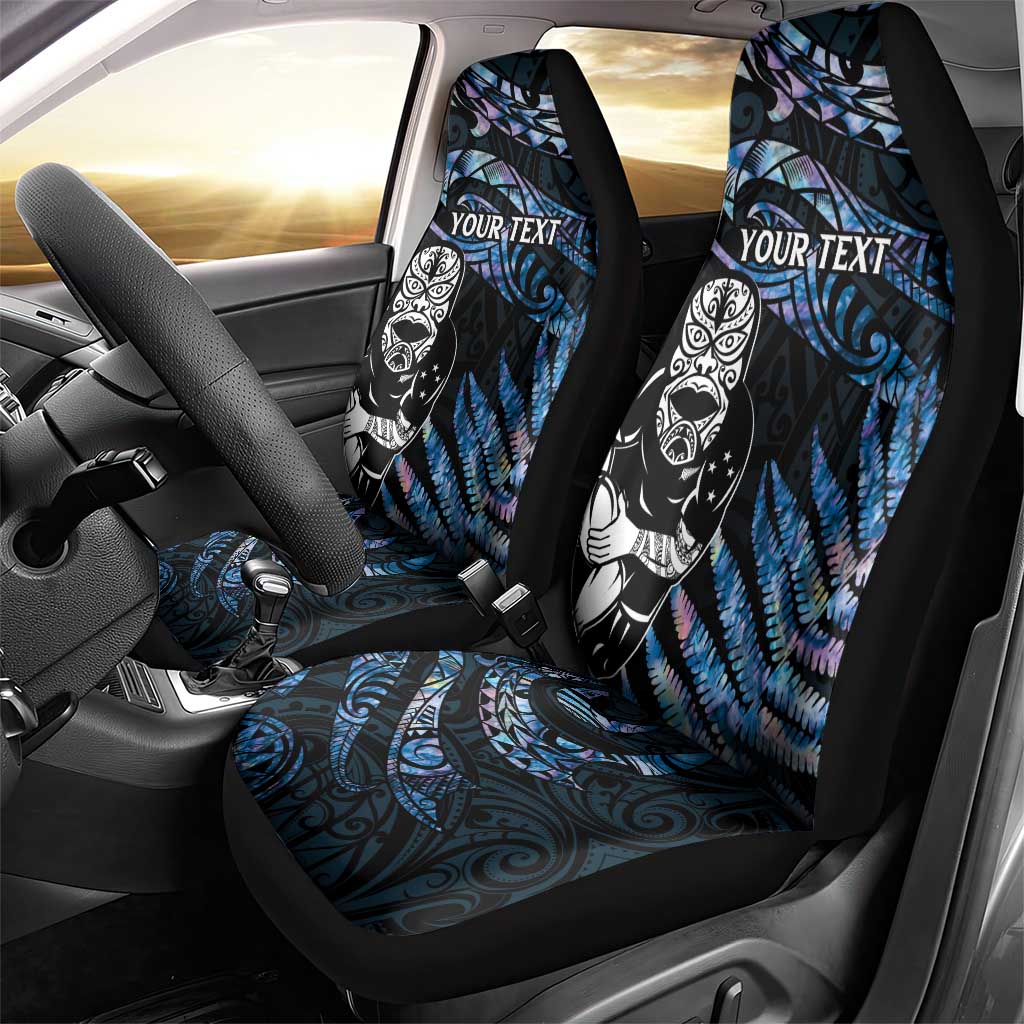 New Zealand Maori Rugby Personalised Car Seat Cover Ta Moko Silver Fern - Paua Blue