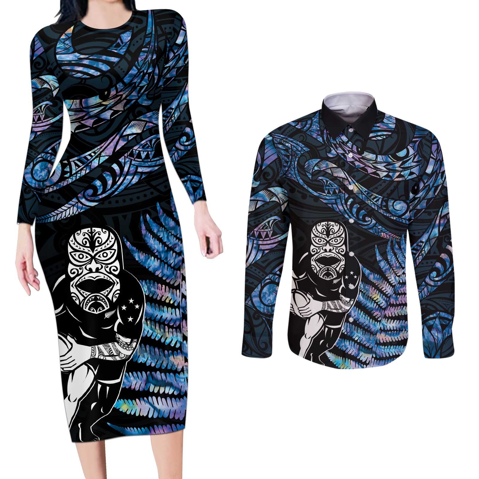 New Zealand Maori Rugby Personalised Couples Matching Long Sleeve Bodycon Dress and Long Sleeve Button Shirt Ta Moko Silver Fern - Paua Blue