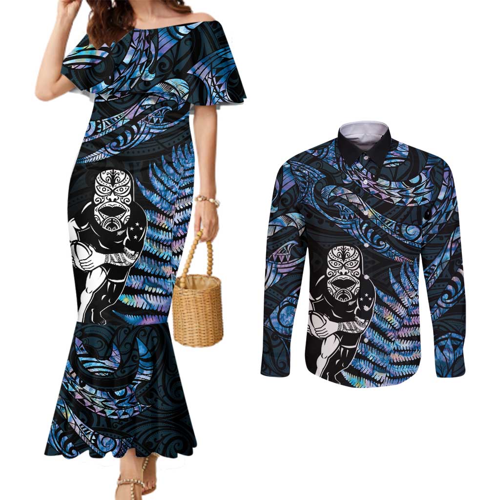 New Zealand Maori Rugby Personalised Couples Matching Mermaid Dress and Long Sleeve Button Shirt Ta Moko Silver Fern - Paua Blue